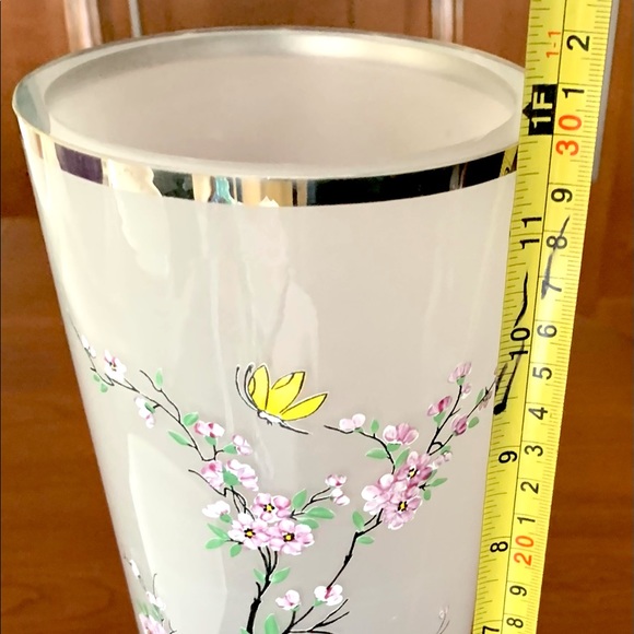Milky White Sanded Art Glass Vase & Candle Bowl Set Handpainted Cherry Blossom - Picture 8 of 9